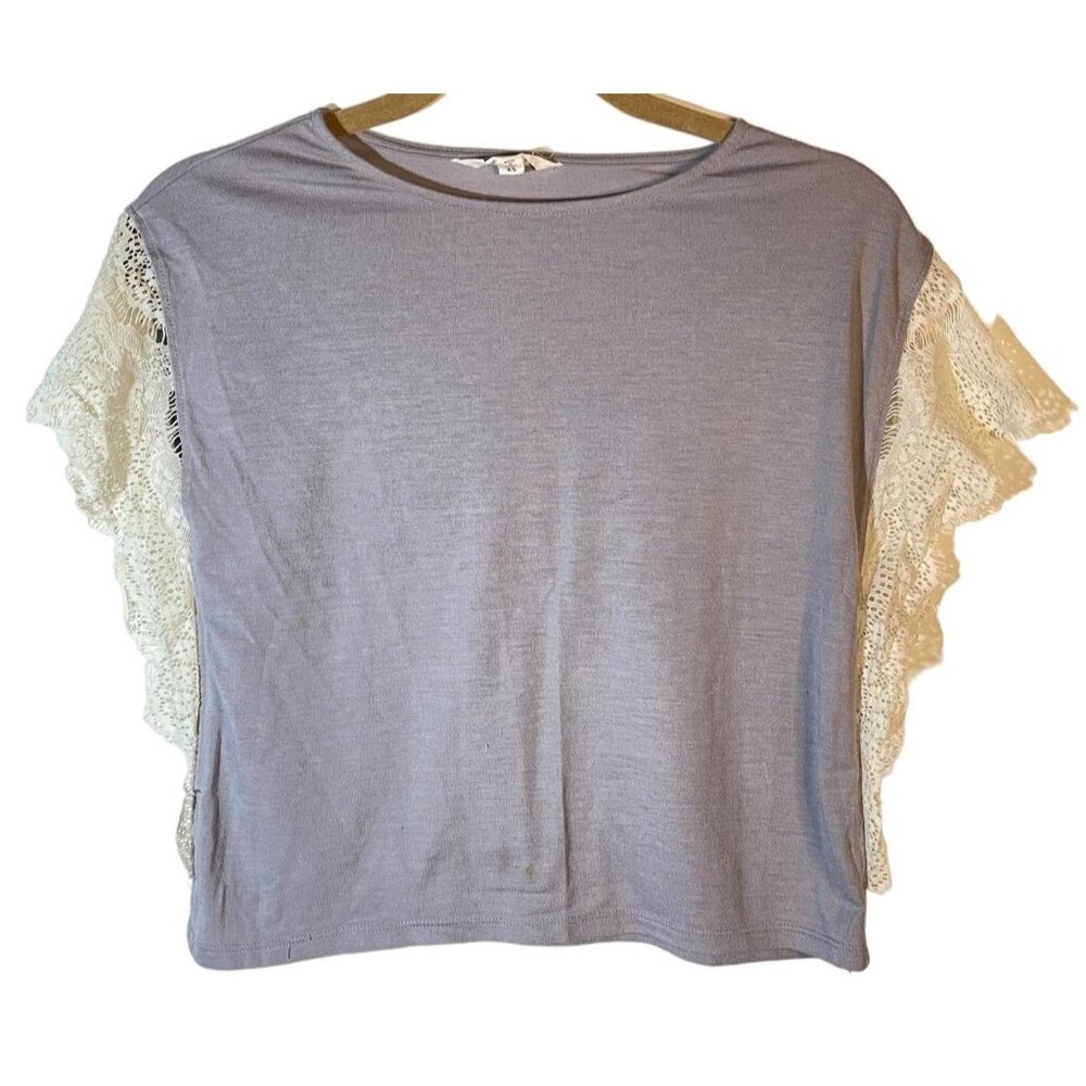 Energie short sleeve shirt lace ruffle arm gray polyester blend extra small READ